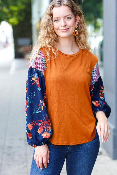 Explore More Collection - On Your Way Rust & Navy Floral Textured Hacci Top