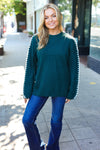 Explore More Collection - Hunter Green Rib Knit Stitch Detail Oversized Sweater