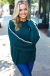 Explore More Collection - Hunter Green Rib Knit Stitch Detail Oversized Sweater