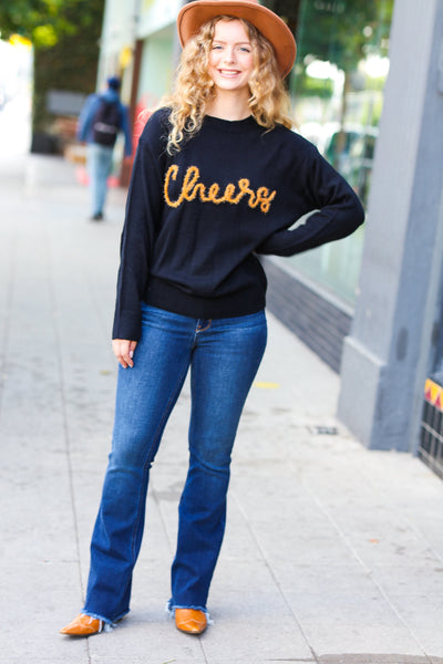 Explore More Collection - Take Note Black Embroidery "Cheers" Oversized Knit Top