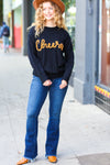 Explore More Collection - Take Note Black Embroidery "Cheers" Oversized Knit Top