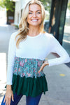 Explore More Collection - Charming Hunter Green Floral Frill Tiered Color Block Top