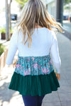 Explore More Collection - Charming Hunter Green Floral Frill Tiered Color Block Top