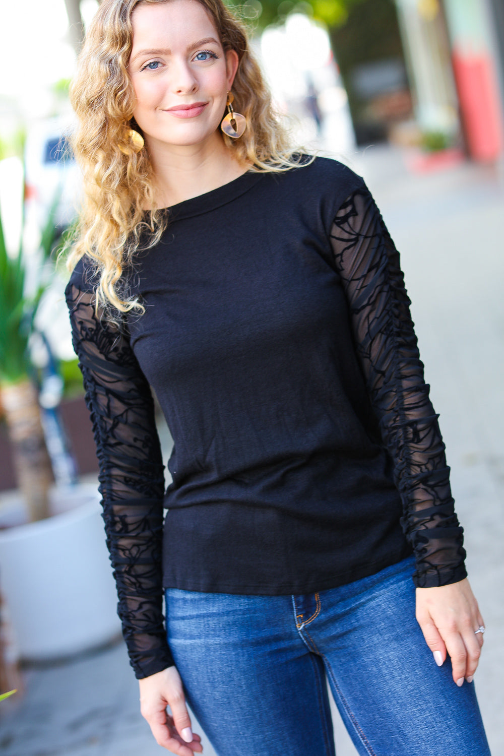 Explore More Collection - Can't Help But Love Black Shirred Velvet Mesh Blouse