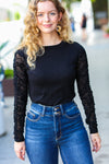 Explore More Collection - Can't Help But Love Black Shirred Velvet Mesh Blouse