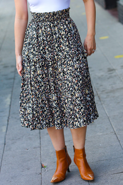 Explore More Collection - Black Ditzy Floral Smocked Waist Midi Skirt