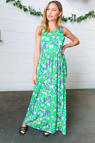Explore More Collection - Green & Blue Floral Print Fit and Flare Maxi Dress