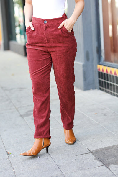 Explore More Collection - Going Your Way Burgundy Corduroy High Rise Tapered Pants