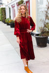 Explore More Collection - Holiday Dreaming Burgundy Velvet Mock Neck Smocked Waist Dress