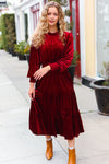 Explore More Collection - Holiday Dreaming Burgundy Velvet Mock Neck Smocked Waist Dress