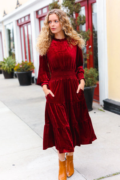 Explore More Collection - Holiday Dreaming Burgundy Velvet Mock Neck Smocked Waist Dress