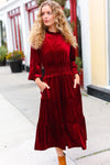 Explore More Collection - Holiday Dreaming Burgundy Velvet Mock Neck Smocked Waist Dress