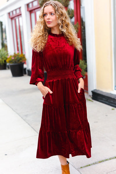 Explore More Collection - Holiday Dreaming Burgundy Velvet Mock Neck Smocked Waist Dress