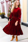 Explore More Collection - Holiday Dreaming Burgundy Velvet Mock Neck Smocked Waist Dress