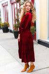 Explore More Collection - Holiday Dreaming Burgundy Velvet Mock Neck Smocked Waist Dress