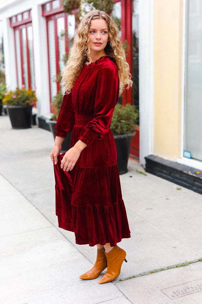 Explore More Collection - Holiday Dreaming Burgundy Velvet Mock Neck Smocked Waist Dress