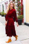 Explore More Collection - Holiday Dreaming Burgundy Velvet Mock Neck Smocked Waist Dress