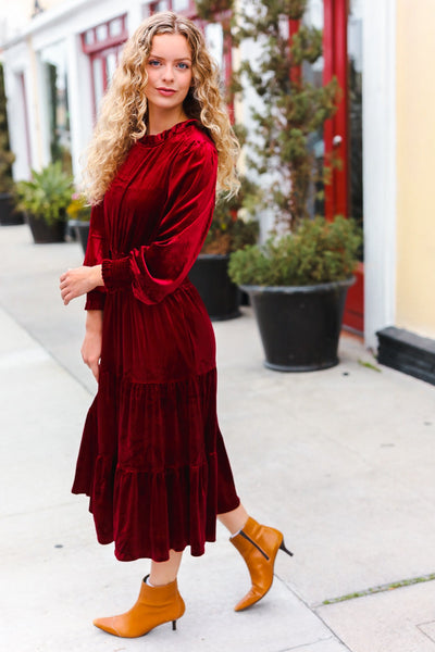 Explore More Collection - Holiday Dreaming Burgundy Velvet Mock Neck Smocked Waist Dress