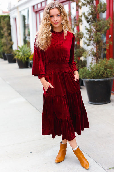 Explore More Collection - Holiday Dreaming Burgundy Velvet Mock Neck Smocked Waist Dress