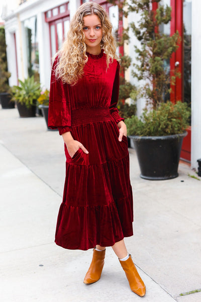 Explore More Collection - Holiday Dreaming Burgundy Velvet Mock Neck Smocked Waist Dress