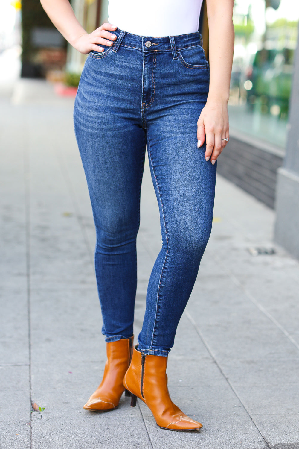 Explore More Collection - Feeling Bold Dark Blue Denim High Rise Skinny Ankle Jeans
