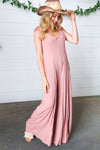 Explore More Collection - Dusty Rose Rib Knit Tie Shoulder Pocketed Jumpsuit