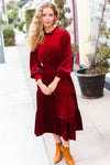 Explore More Collection - Holiday Dreaming Burgundy Velvet Mock Neck Smocked Waist Dress