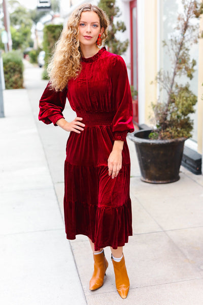 Explore More Collection - Holiday Dreaming Burgundy Velvet Mock Neck Smocked Waist Dress