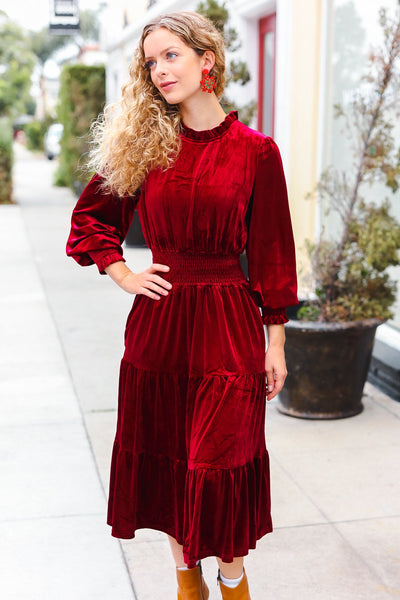 Explore More Collection - Holiday Dreaming Burgundy Velvet Mock Neck Smocked Waist Dress