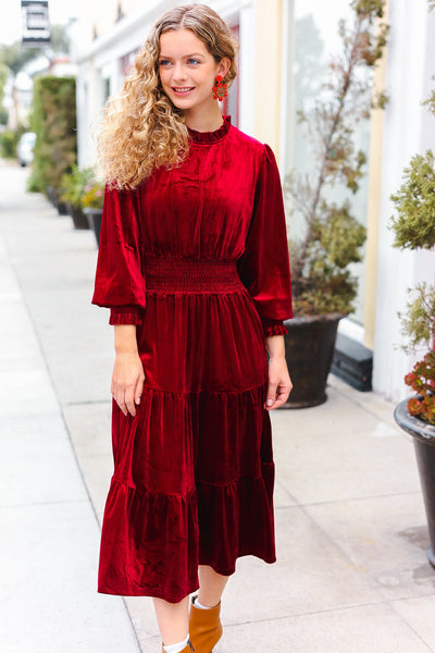 Explore More Collection - Holiday Dreaming Burgundy Velvet Mock Neck Smocked Waist Dress