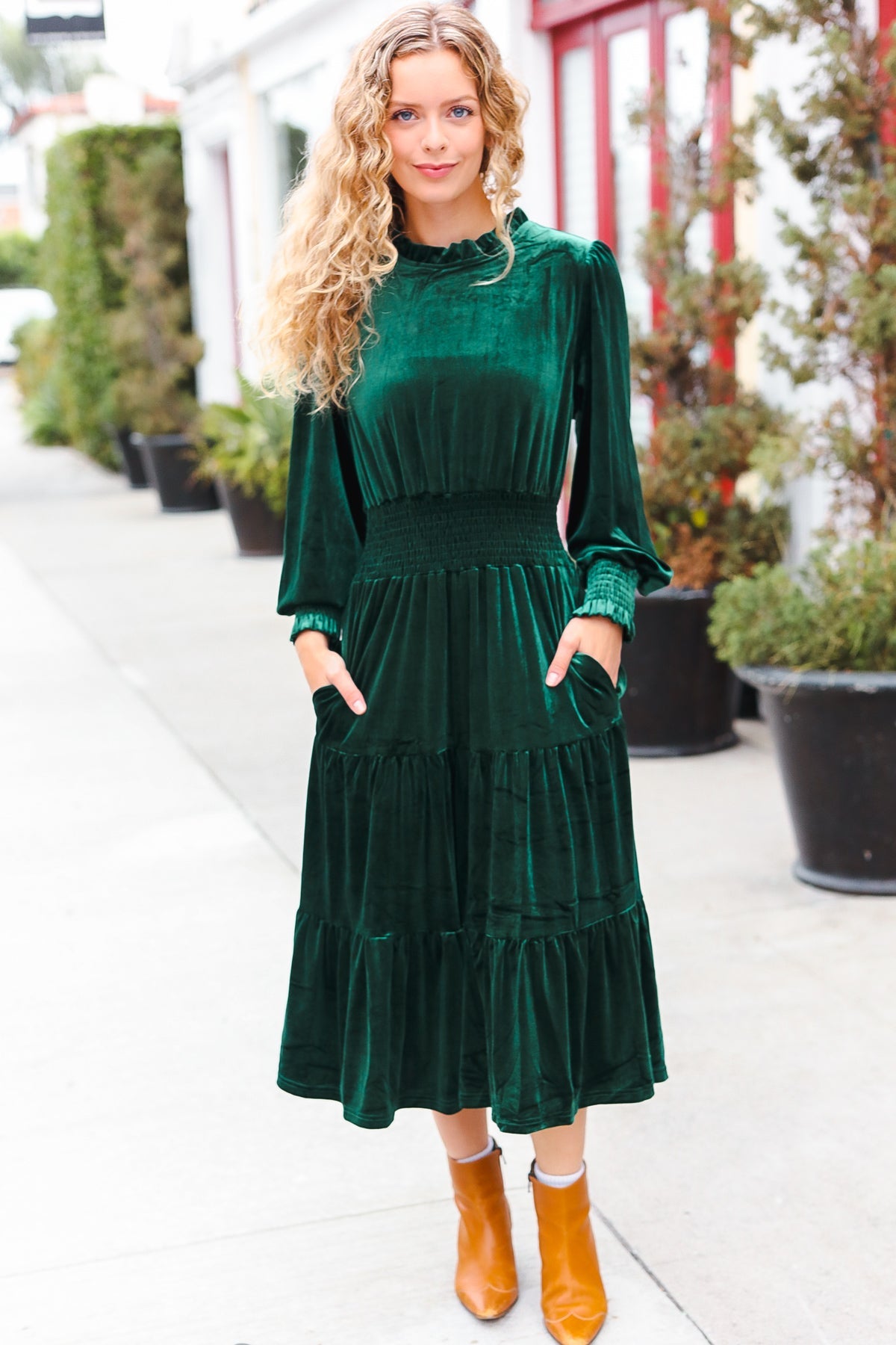 Explore More Collection - Holiday Dreaming Hunter Green Velvet Mock Neck Smocked Waist Dress