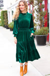 Explore More Collection - Holiday Dreaming Hunter Green Velvet Mock Neck Smocked Waist Dress