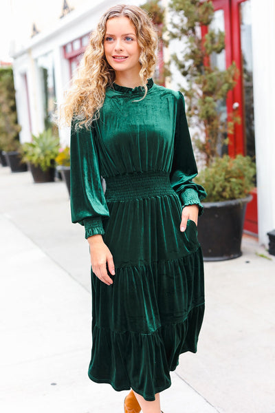 Explore More Collection - Holiday Dreaming Hunter Green Velvet Mock Neck Smocked Waist Dress