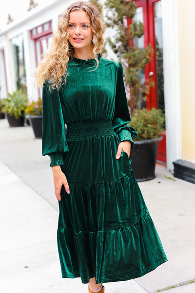 Explore More Collection - Holiday Dreaming Hunter Green Velvet Mock Neck Smocked Waist Dress