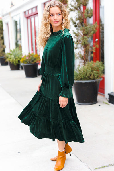 Explore More Collection - Holiday Dreaming Hunter Green Velvet Mock Neck Smocked Waist Dress