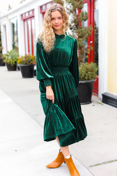 Explore More Collection - Holiday Dreaming Hunter Green Velvet Mock Neck Smocked Waist Dress