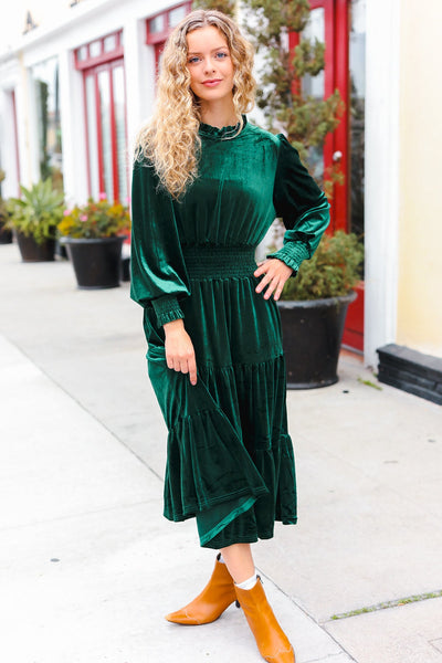 Explore More Collection - Holiday Dreaming Hunter Green Velvet Mock Neck Smocked Waist Dress