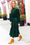 Explore More Collection - Holiday Dreaming Hunter Green Velvet Mock Neck Smocked Waist Dress