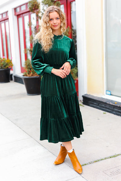 Explore More Collection - Holiday Dreaming Hunter Green Velvet Mock Neck Smocked Waist Dress