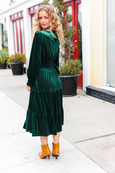 Explore More Collection - Holiday Dreaming Hunter Green Velvet Mock Neck Smocked Waist Dress