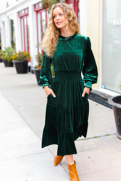 Explore More Collection - Holiday Dreaming Hunter Green Velvet Mock Neck Smocked Waist Dress