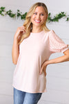 Explore More Collection - Peach Eyelet Puff Sleeve French Terry Top