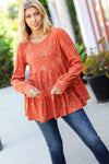 Explore More Collection - Hello Beautiful Rust Ditzy Floral Thermal Tiered Babydoll Top