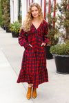 Explore More Collection - All I Want Red Plaid Elastic V Neck Tiered Maxi Dress