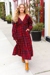 Explore More Collection - All I Want Red Plaid Elastic V Neck Tiered Maxi Dress