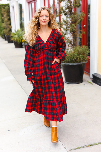 Explore More Collection - All I Want Red Plaid Elastic V Neck Tiered Maxi Dress