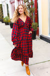 Explore More Collection - All I Want Red Plaid Elastic V Neck Tiered Maxi Dress