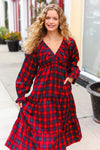 Explore More Collection - All I Want Red Plaid Elastic V Neck Tiered Maxi Dress