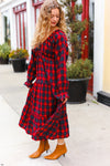 Explore More Collection - All I Want Red Plaid Elastic V Neck Tiered Maxi Dress