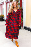 Explore More Collection - All I Want Red Plaid Elastic V Neck Tiered Maxi Dress